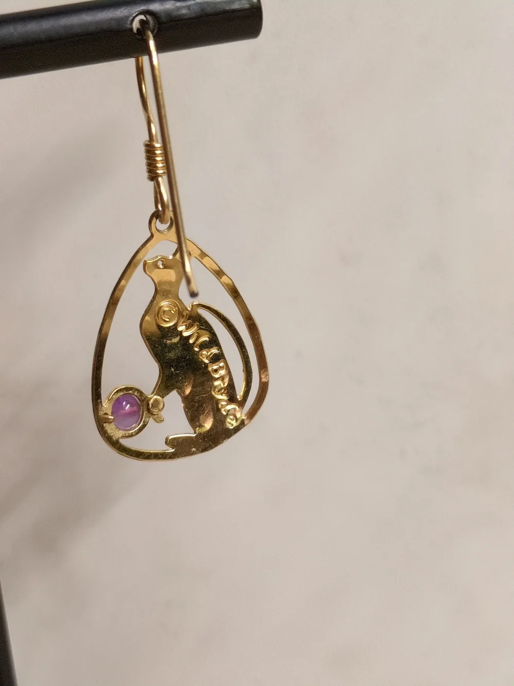 Gold Cat Drop Earrings with Purple Stone Accent